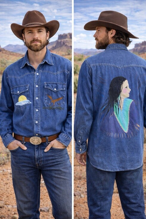 Sunbelt Sportswear Other - VTG Sunbelt Denim Pearl Snap Western Shirt M Hand Painted Roadrunner Shacket